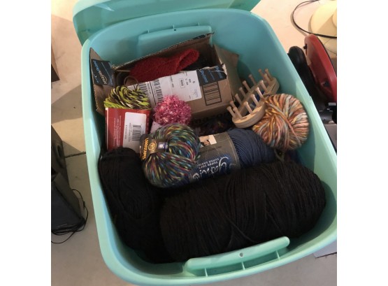 Bin With Yarn And Rubber Stamps