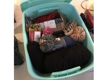 Bin With Yarn And Rubber Stamps