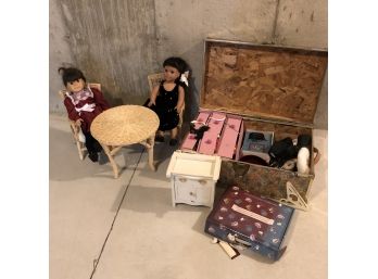 Set Of Two American Dolls With Furniture And Trunk Of Clothing And Accessories