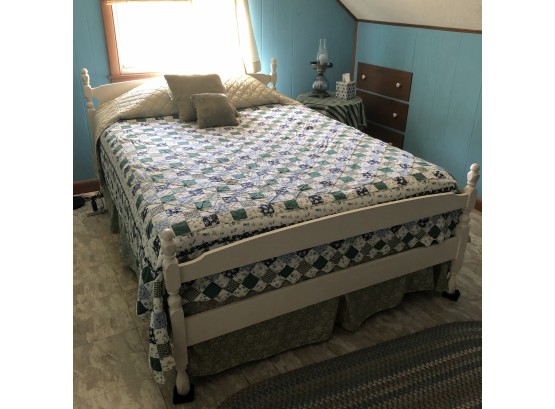 Full Size White Wood Bed With Mattress And Bedding