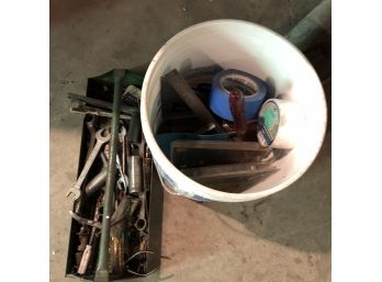 Metal Tray With Tools And Bucket With Assorted Items