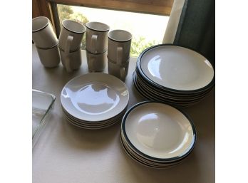 Set Of Green Rimmed Plates And Mugs