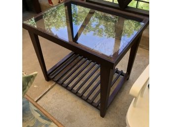 Glass Top Side Table With Lower Slat Shelf
