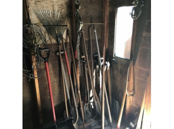Shed Tools Lot: Shovels, Rakes, Axe, Saws And More