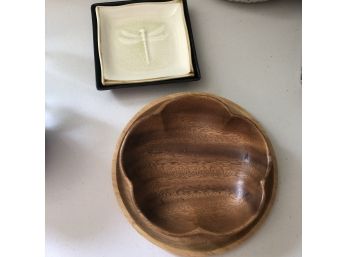 Wooden Dishes And Two Ceramic Trays