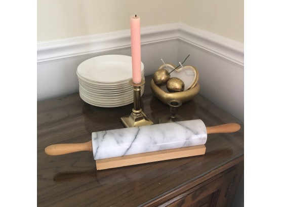 Marble Rolling Pin, Candlesticks And Chateau Blanc Bone China Plates