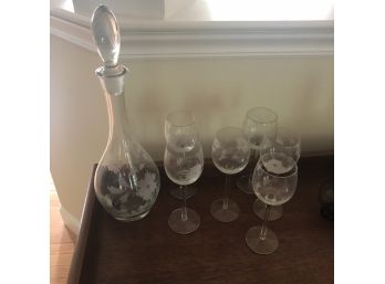 Etched Glass Decanter And Glasses