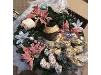 Holiday Wreath With Poinsettias And Stuffed Toys
