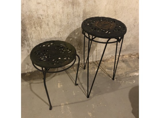 Pair Of Plant Stands With Iron Floral Motif Tops