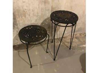Pair Of Plant Stands With Iron Floral Motif Tops