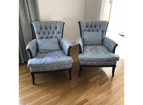 Set Of Two Brocade Tufted Wingback Chairs