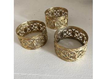 Set Of Three Gold Tone Napkin Rings