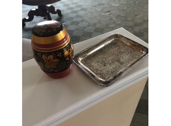 Silverplate Tray And Decorative Painted Container