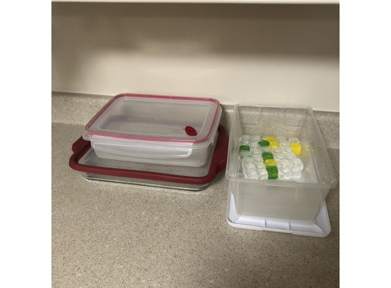 Glass Baking Dish, Plastic Storage And Reusable Ice Cubes