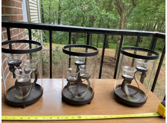Set Of Three Metal And Glass Candle Holders