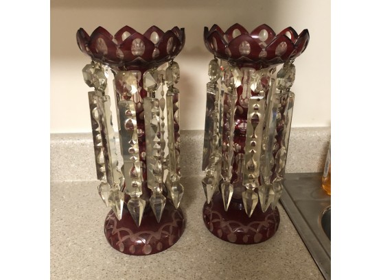 Pair Of Vintage Glass Candleholders With Hanging Prisms