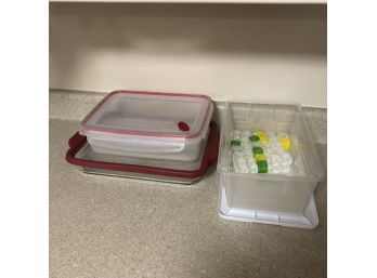 Glass Baking Dish, Plastic Storage And Reusable Ice Cubes