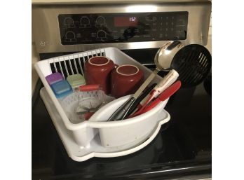 Dish Drainer With Kitchen Utensils And Mugs