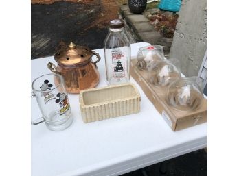 Deerfield Fair Milk Bottle, Mickey Mouse Glass And Other Items