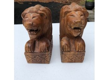 Pair Of Carved Lion Book Ends