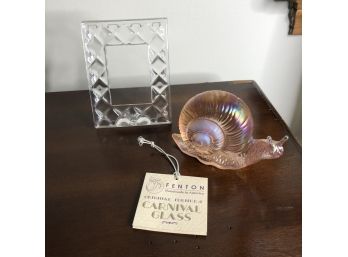 Fenton Carnival Glass Snail With Glass Frame