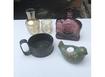 Ceramic Bird, Metal Candle Holder And Glassware Assortment