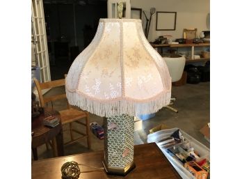 Asian Style Lamp With Koi And Pink Fringe Shade
