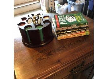 Poker Chips In Rotating Caddy And Books
