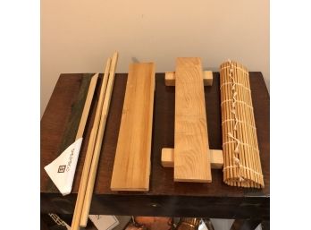 Japanese Tourist Lot No. 4: Wooden Stands And Sushi Rolling Mat