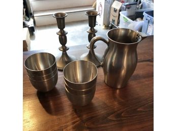 Pewter Candlesticks, Cups And And Pitcher