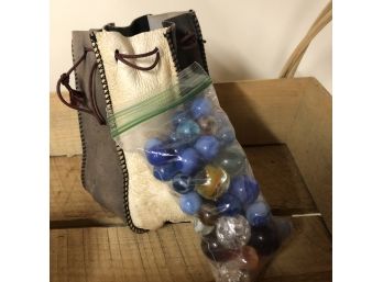 Leather Drawstring Bag With Glass Marbles