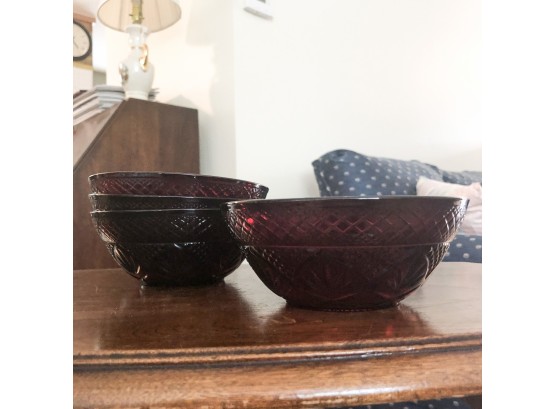 Set Of Four Mikasa Red Pressed Glass Bowls