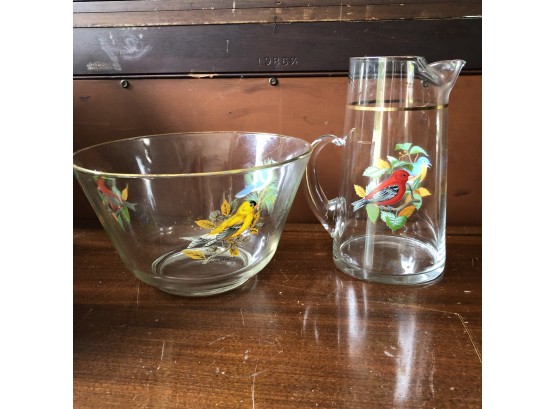 Glass Bowl And Pitcher With Birds