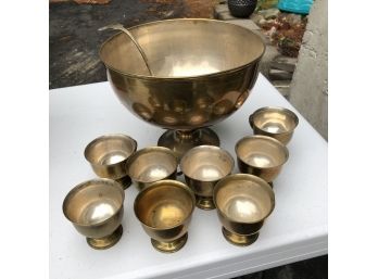 Brass Tone Punch Bowl With Cups And Ladle