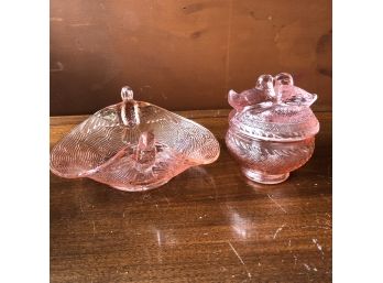 Pink Glass Figural Bird Bowl And Lidded Dish