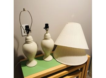 Ivory Ceramic Lamp Pair With Pleated Shades