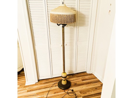 Vintage Floor Lamp With Slag Glass Base And Fringed Shade 63'