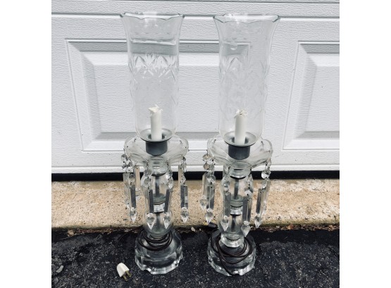 Vintage Glass Lamp Pair With Dangling Crystals
