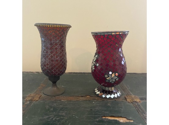 Set Of Two Red Mosaic Glass Candleholders