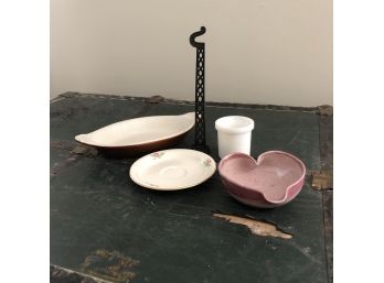 Homer Laughlin Saucer, Brown Hall Chafing Dish, Heart Shaped Pottery And Milk Glass Container