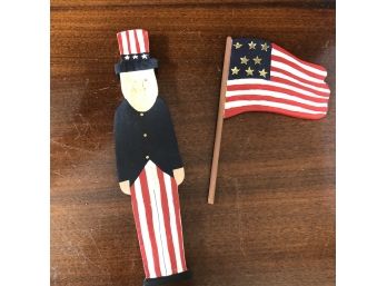 Uncle Sam Wooden Figure And Flag