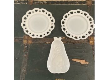 Pair Of Milkglass Plates And A Little Pear Plate