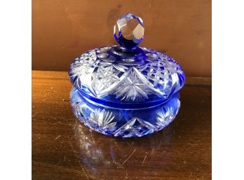 Pretty Cobalt Blue Cut To Clear Dish With Lid