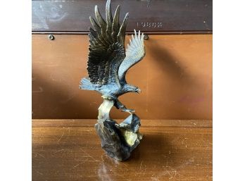 Solid Bronze Eagle On Rock With Wooden Stand 'Wings Of Glory'