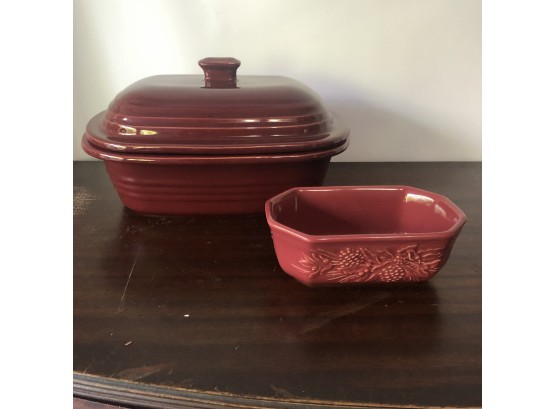 Pair Of Red Stoneware Pieces: Longaberger & Pampered Chef