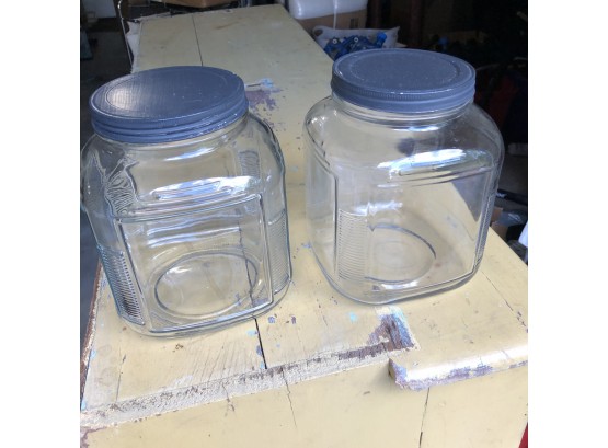 Pair Of Hoosier Gallon Canisters With Painted Lids