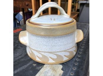 White And Tan Crock With Lid