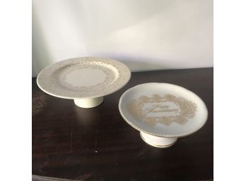 Pair Of White Cake Plates, Incl Happy Anniversary By House Of Goebel