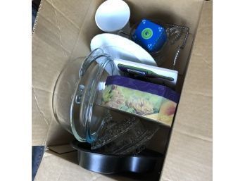Box Lot Incl Pair Of Coasters, Glass Dish W Lid, White Sheffield Plate, Box Of Soaps, White Goblet