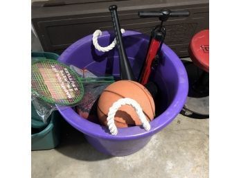 Purple Bucket Of Sports Equipment, Incl Basketballs, Badminton Set, Bike Pump